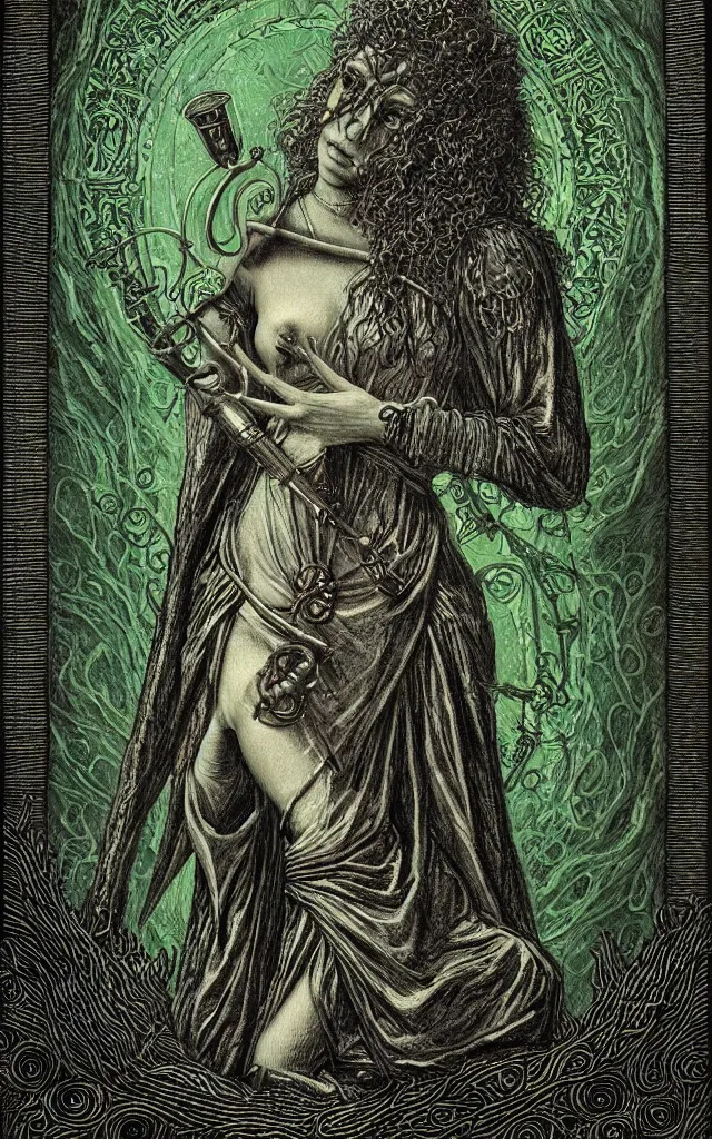 Image similar to tarot card of hecate the gloomy and beautiful goddess of witchcraft, torches, ancient keys, smokes, gustave dore, franklin booth, andrey remnev, black paper, etching, engraving, intricate line work, green line work details, mandelbulb fractal, portrait, trending on artstation, exquisite details, risography print, 4 k, 4 k