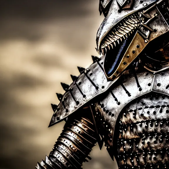 Image similar to photo of a warrior with metal crocodile theme armour, 4 k, hdr, smooth, sharp focus, high resolution, award - winning photo