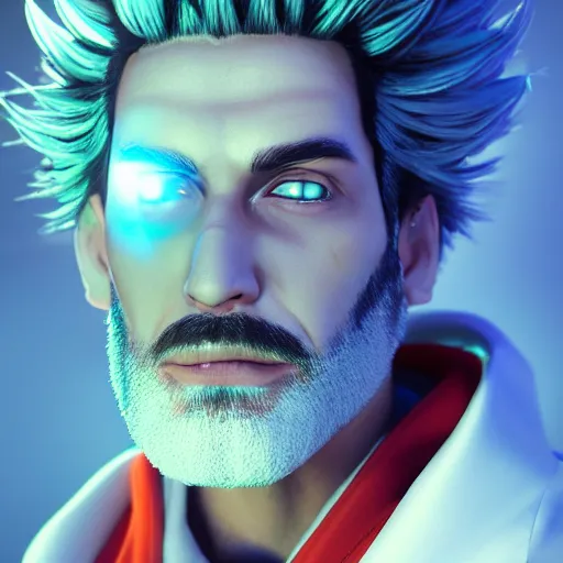 Image similar to portrait art of rick sanchez, spikey hair, white lab coat, lens flare, atmosphere, glow, detailed, intricate, full of colour, cinematic lighting, trending on artstation, 4 k, hyperrealistic, focused, extreme details, unreal engine 5, cinematic, masterpiece