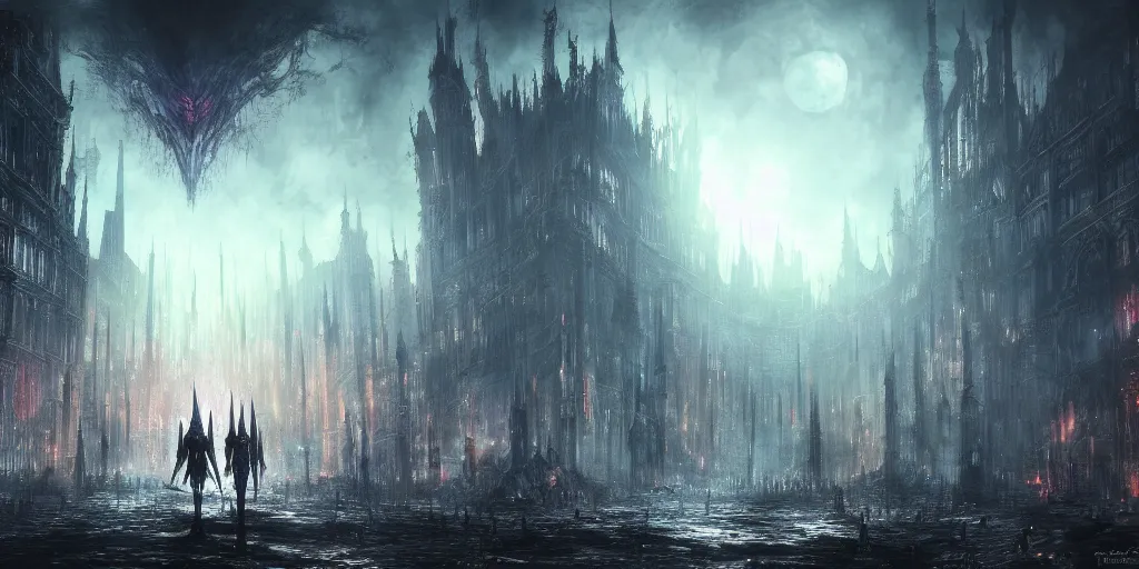 Image similar to a huge crowded megacity in the style of bloodborne, dark souls, demon souls, gothic art, dark fantasy, concept art, digital painting, volumetric lighting, trending on art station, night time, moon light, god rays, highly detailed