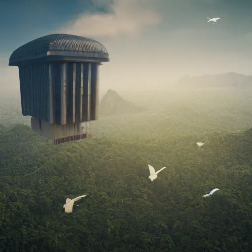 Prompt: extreme wide shot a flock of bird sitting on top of futuristic containment building in a rainforest valley with a city in the distance, national geographic, hyper realistic, 4 k, warm light, the will to endure, artstation