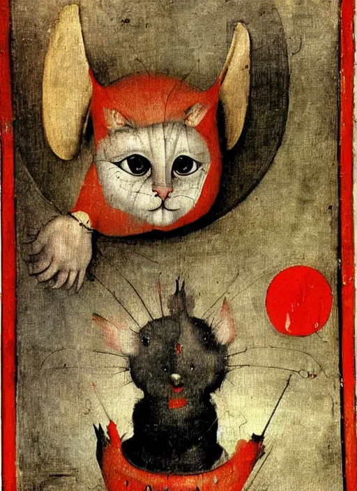 Image similar to red devil monster cat, Medieval painting by Hieronymus Bosch, Florence