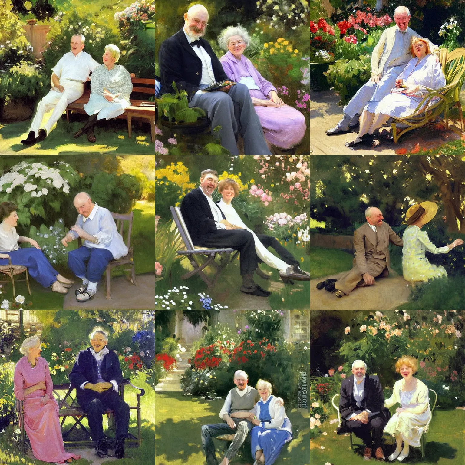 Prompt: a painting of a happy 60 year old man and a happy 60 year old woman sitting in a garden together, by john singer sargent