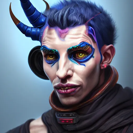 Image similar to portrait painting of a cyberpunk tiefling street doctor, sharp focus, award - winning, trending on artstation, masterpiece, highly detailed, intricate, cartoon, anime. art by merwild and ernesto irawan and rachel denton