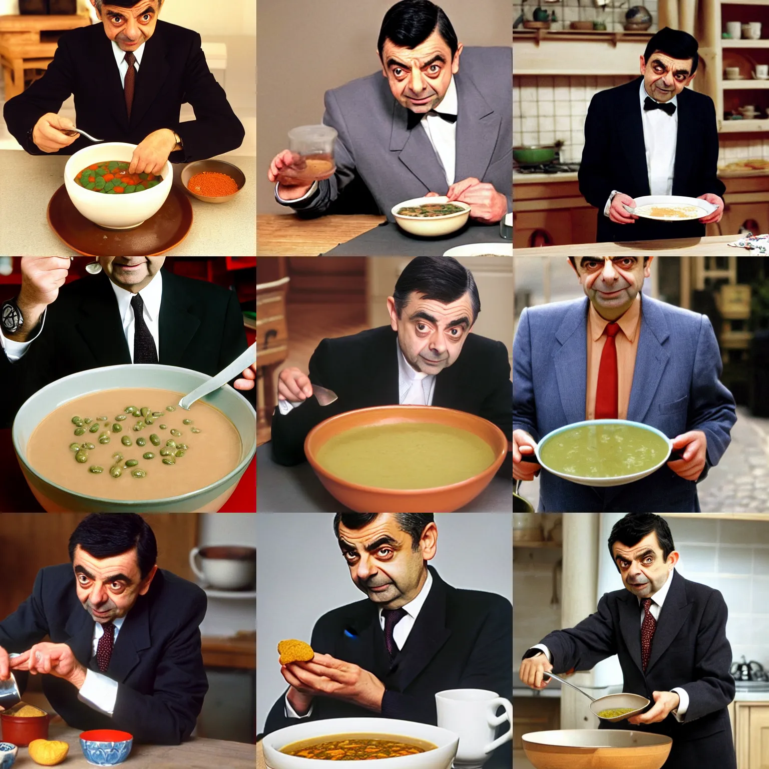 Prompt: rowan atkinson as mr bean preparing a small bowl of bean soup