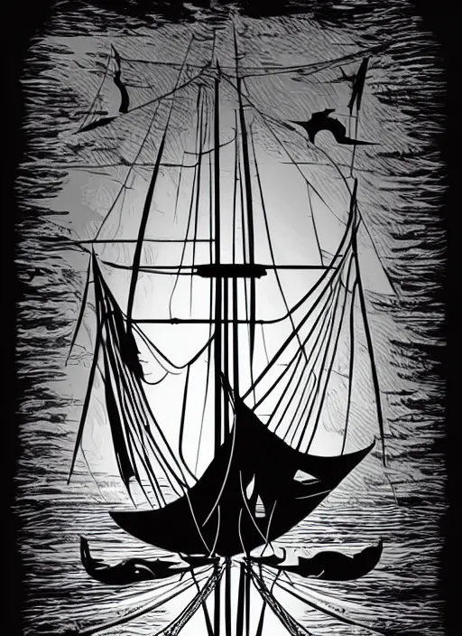 Image similar to photo realistic galleon sailing into sunset, art by james o barr, steel engraving, black and white, vector, vector art