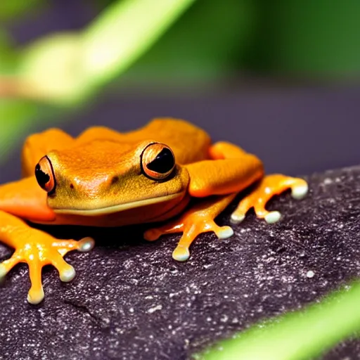 Prompt: photo [ orange frog ] with [ teal!! eyes ]