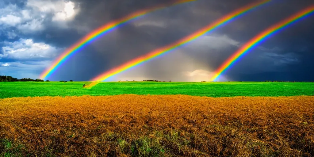 Image similar to detailed fields nature, super storm, full rainbow, impressive, atmospheric, god rays, cinematic, deep colors, deep blue, very high complexity, stunning, masterpiece, 3 5 mm, very detailed. 4 k