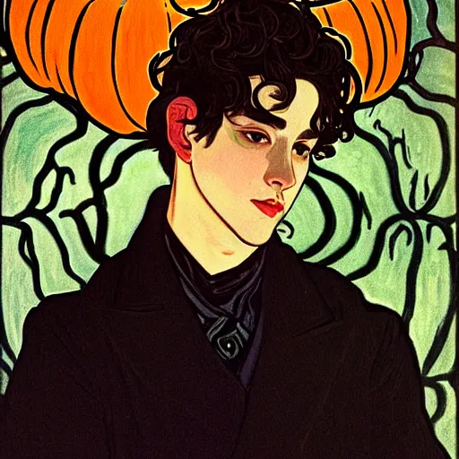 Image similar to painting of young cute handsome beautiful dark medium wavy hair man in his 2 0 s named shadow taehyung at the halloween pumpkin matcha party, straight nose, depressed, melancholy, autumn, elegant, clear, painting, stylized, delicate, soft facial features, delicate facial features, soft art, art by alphonse mucha, vincent van gogh, egon schiele