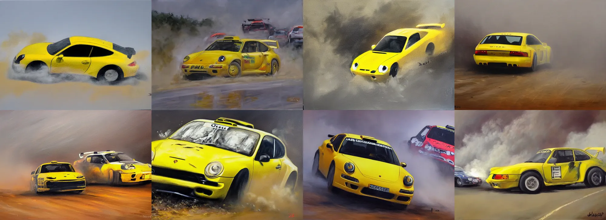 Prompt: oil painting of old rally with a drifting yellow porsche, smoke, dirt