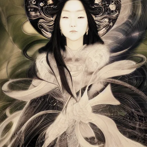 Image similar to yoshitaka amano blurred and dreamy realistic illustration of a japanese woman with black eyes, wavy white hair fluttering in the wind wearing elden ring armor with engraving, abstract patterns in the background, noisy film grain effect, highly detailed, renaissance oil painting, weird portrait angle, blurred lost edges, three quarter view