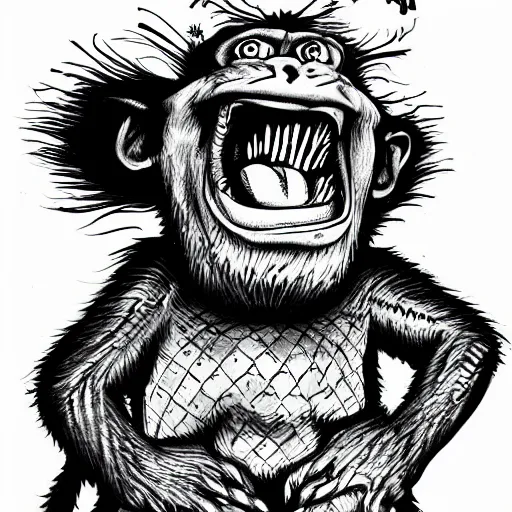 Image similar to a Pop Wonder scary horror themed goofy-hilarious-character-monkey-lizard, dime-store-comic drawn with charcoal and pen and ink, half-tone-line-stacking