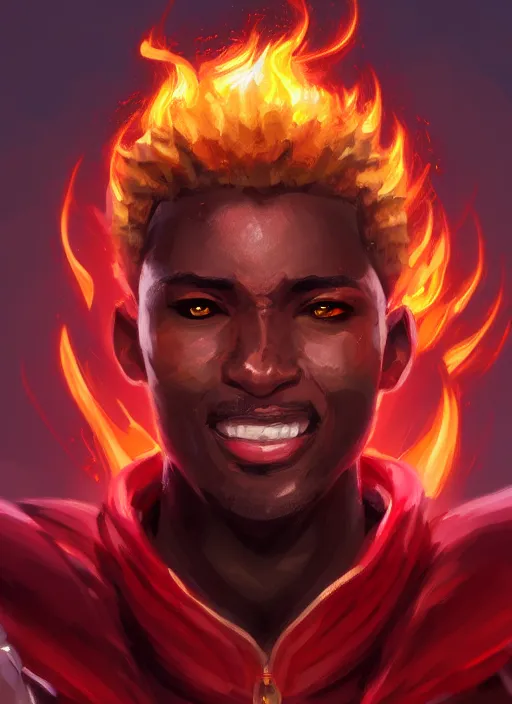 Image similar to a highly detailed illustration of attractive top cut haired african guy wearing red jacket, flaming eyes, dramatic smile pose, intricate, elegant, highly detailed, centered, digital painting, artstation, concept art, smooth, sharp focus, league of legends concept art, wlop