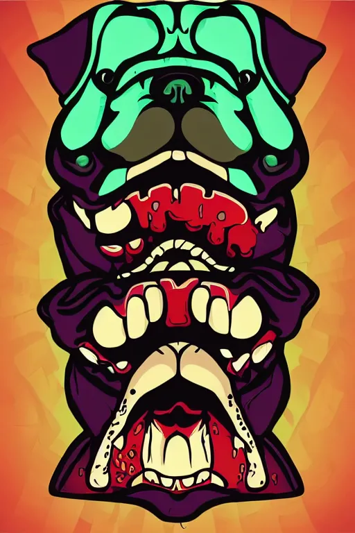 Image similar to Evil pug, the devil, sticker, blood thirsty, blood, evil, colorful, illustration, highly detailed, simple, smooth and clean vector curves, no jagged lines, vector art, smooth