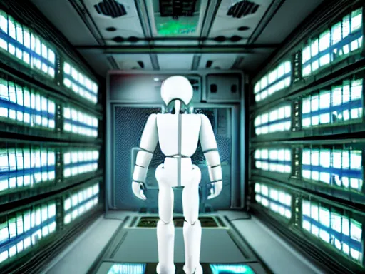 Image similar to symmetrical anthropomorphic android working in sci - fi data center room. cinematic shot from alien isolation