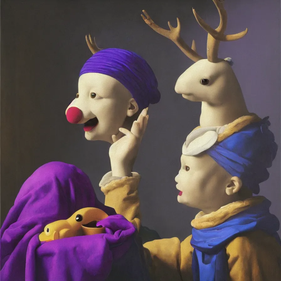 Image similar to rare hyper realistic portrait painting by vermeer, studio lighting, brightly lit purple room, a blue rubber ducky with antlers laughing at a giant crying rabbit with a clown mask