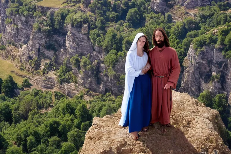 Image similar to an extreme close - up photo of jesus and mary magdalene standing on a cliff looking over a beautiful landscape in france, rennes - le - chateau, award winning photo, very detailed, very realistic cinematic