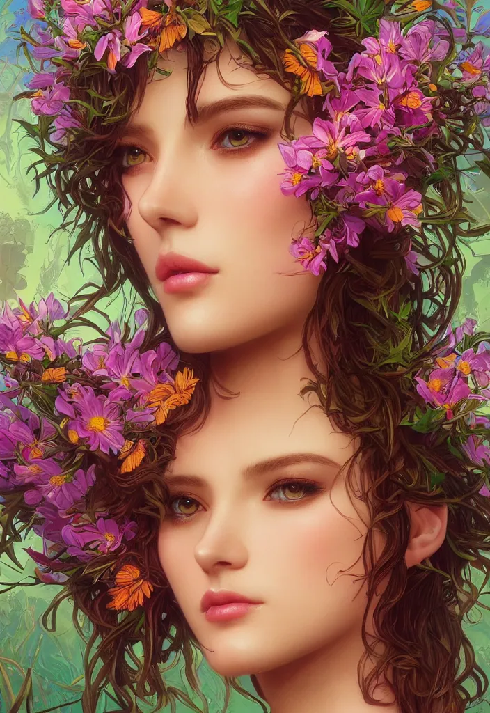 Image similar to beautiful, young woman, detailed gorgeous face, vaporwave aesthetic, synthwave, colorful, psychedelic, artstation, concept art, smooth, extremely sharp detail, thorn crown, flowers, bees, finely tuned detail, ultra high definition, 8 k, unreal engine 5, ultra sharp focus, illustration, art by artgerm, greg rutkowski and alphonse mucha