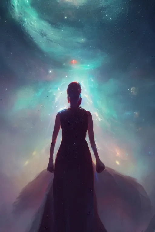 Image similar to a woman, wearing a dress made of stars and nebulae, dramatic, volumetric lighting, planets in the background, smooth, sharp focus, very detailed, by greg rutkowski, artstation, tom badshaw, 8 k, symmetrical face