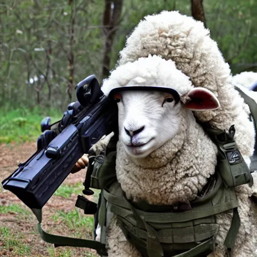 Image similar to a sheep in special forces gear, plate carrier, m 4 rifle, combat helmet