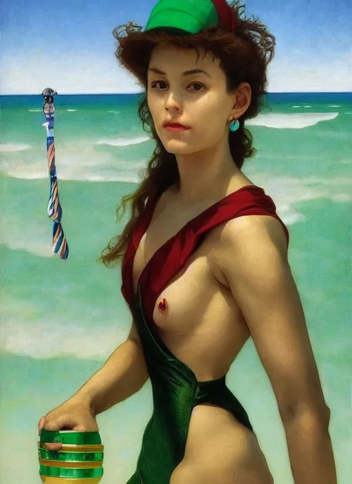 Image similar to portrait Beetlejuice green as sea lifeguard on the beach, full length shot, shining, 8k highly detailed, sharp focus, illustration, art by artgerm, mucha, bouguereau