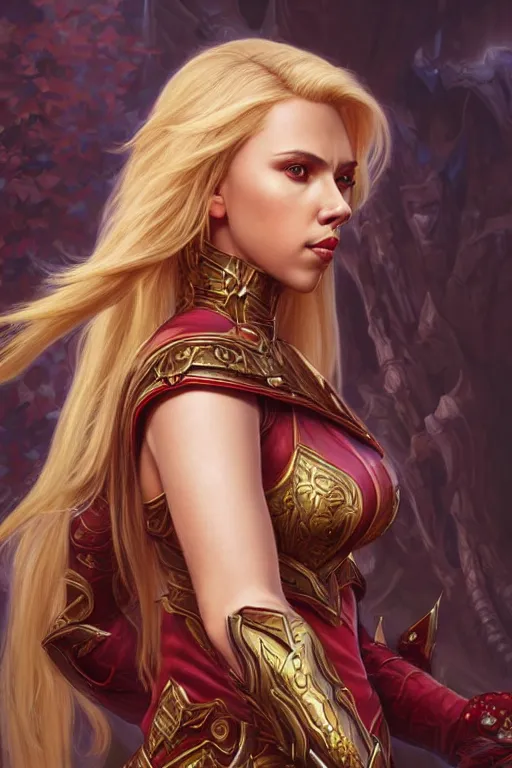 Prompt: Scarlett johansson as a blood elf, world of warcraft, wow , intricate, elegant, highly detailed, digital painting, artstation, concept art, smooth, sharp focus, illustration, art by artgerm and greg rutkowski and alphonse mucha