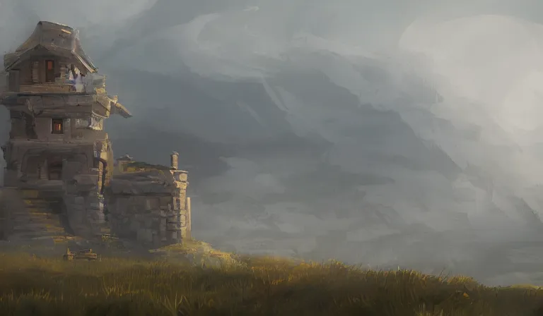 Image similar to A serene landscape with a singular building in the style of concept art