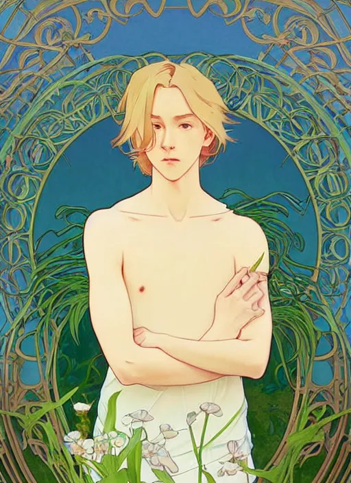 Image similar to pretty young man with shoulder length blond hair, half body shot, path traced, highly detailed, high quality, digital painting, by studio ghibli and alphonse mucha, leesha hannigan, hidari, art nouveau, chiho aoshima