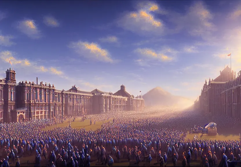 Image similar to a grand victorian parade ground, blue sky, sunny, detailed, volumetric, cinematic lighting, realistic, digital art by greg rukowski