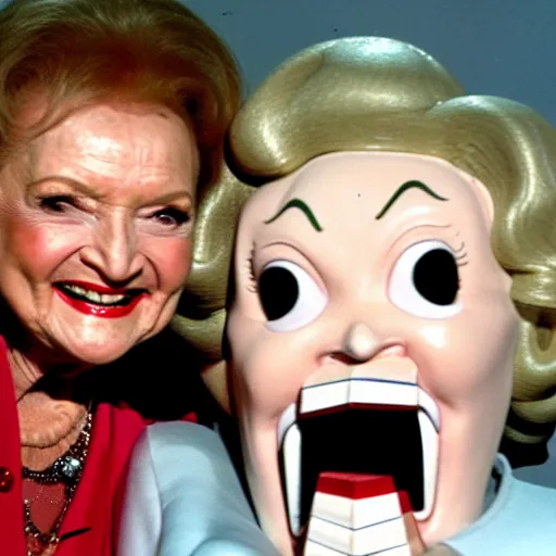 Image similar to betty white hanging out with a terrifying grotesque monster