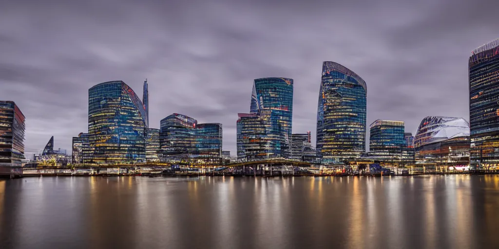 Image similar to high quality night photograph of Docklands in London, dimly lit cirrus clouds, long exposure, architecture photography, ultrawide image