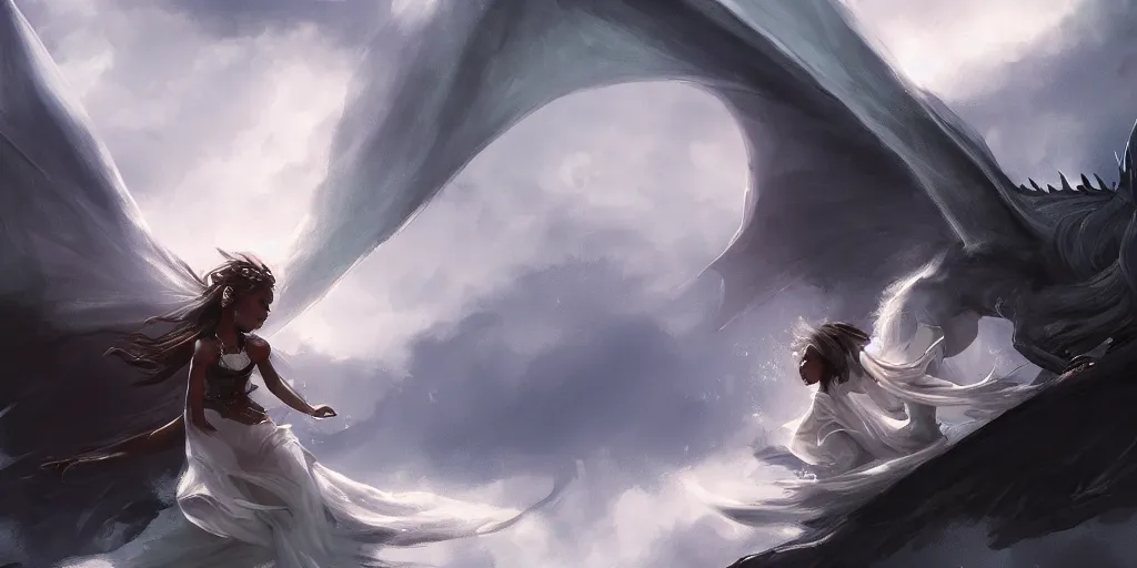 Image similar to black girl riding a dragon surrounded by fluttering white cloth, fantasy, epic scene, illustration, cinematic volume lighting, artstation, art by Jean Thomson