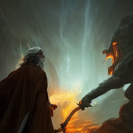 Prompt: Gandalf fighting a Balrog, beautiful landscape, dramatic lighting, cinematic, establishing shot, extremly high detail, photorealistic, cinematic lighting, post processed, concept art, artstation, matte painting, style by greg rutkowsky