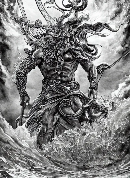 Image similar to Poseidon, the king of sea, with crown and trident rising from the ocean, watercolor, dramatic lighting, cinematic, establishing shot, extremly high detail, foto realistic, cinematic lighting, pen and ink, intricate line drawings, by Yoshitaka Amano, Ruan Jia, Kentaro Miura, Artgerm, post processed, artstation, matte painting, style by eddie mendoza, raphael lacoste, alex ross