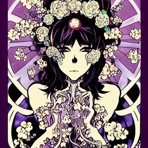 Image similar to anime manga skull portrait young woman hair floral crown fairytale comic skeleton illustration xmen style by Alphonse Mucha and Steve Ditko and Jim Lee pop art nouveau