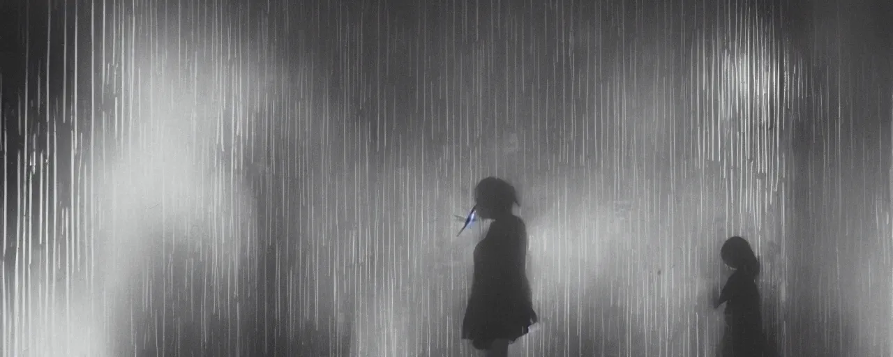 Image similar to foggy neon night, sayaka isoyama leaning back against a wall in a black minidress smoking a cigarette outside a neon lit entrance, 1 9 7 0 s, intricate, moody, tasteful, intimate, highly detailed, short focus depth, artgerm, henri cartier bresson