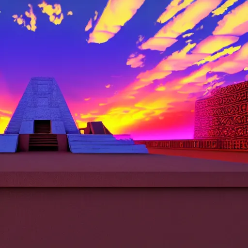 Image similar to ziggurat, photorealist, retrowave, orange color scheme, vivid lighting, sunset, digital art, rendered in unreal engine