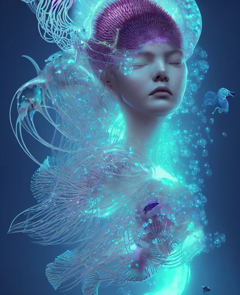 Prompt: goddess close-up portrait. colibri orchid jellyfish phoenix head, nautilus, skull, betta fish, bioluminiscent creatures, intricate artwork by Tooth Wu and wlop and beeple. octane render, trending on artstation, greg rutkowski very coherent symmetrical artwork. cinematic, hyper realism, high detail, octane render, 8k