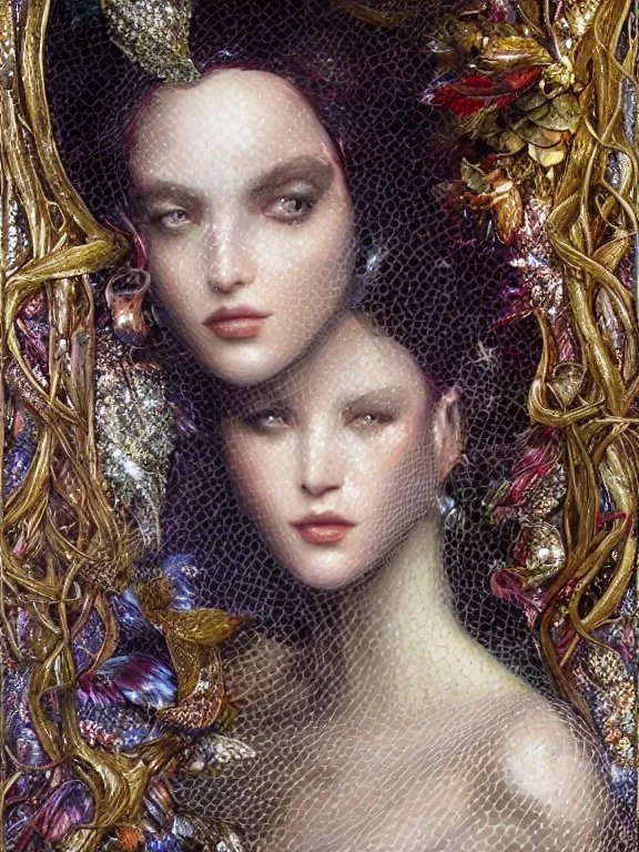 Image similar to realistic 3d character render of a beautiful woman, veiled, embellished sequined,feather-adorned,by tom bagshaw,Cedric Peyravernay,William Holman Hunt,William Morris,Catherine Nolin,metropolis,Gucci,Dior,intricate, elegant, highly detailed, digital painting, artstation, concept art, smooth, sharp focus, illustration,maximalist,glittering,feminine