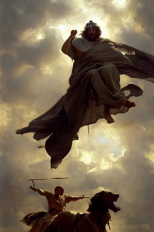 Prompt: beautiful oil painting portrait of ancient roman bernedoodle emperor hovering in the air wearing the civic crown levitating and ascending in stations of the cross pose, art by anders zorn, wonderful masterpiece by greg rutkowski, expressive brush strokes, beautiful cinematic light, american romanticism by greg manchess, jessica rossier