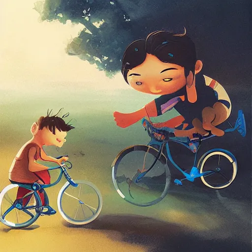 Prompt: a father helping his son ride a bike for the first time, flat graphic style, children's book illustration by Loish, Wenjun Lin