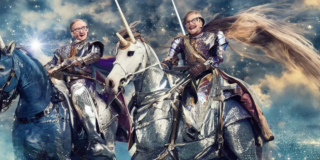 Prompt: stephen hawking jousting on a sparkly unicorn the last knight cinematic