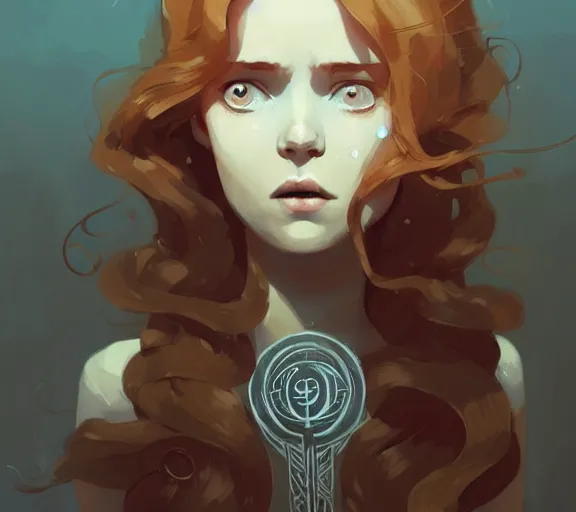 Image similar to portrait woman with long ginger curly hair, dress with runes, by atey ghailan, by greg rutkowski, by greg tocchini, by james gilleard, by joe fenton, by kaethe butcher, by ashley wood, dynamic lighting, gradient light blue, brown, blonde cream and white color scheme, grunge aesthetic