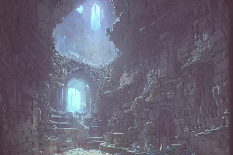 Image similar to one point perspective dungeon cozy fantasy dungeon hallway view with pit in the middle of the ground by artgerm and Craig Mullins, James Jean, Andrey Ryabovichev, Mark Simonetti and Peter Morbacher 16k