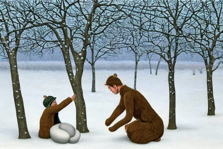 Image similar to torn mittens of the frostbitten hunter, leaning against the oak - tree and had almost fallen asleep when a clattering of hoofs awakened him, a snowdrop alex colville painting