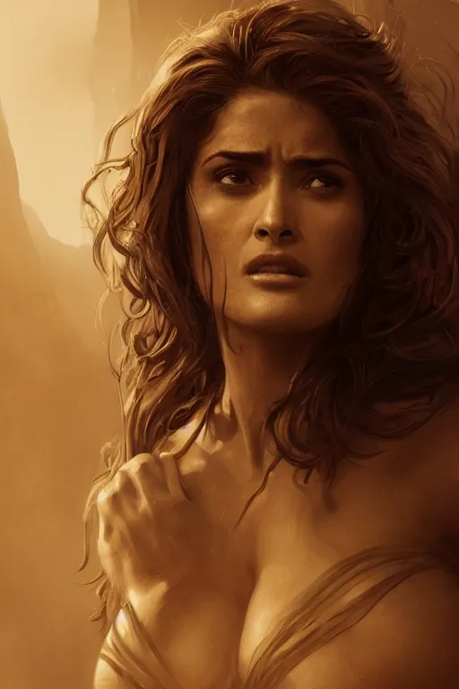 Image similar to portrait, Salma Hayek , barbarian , face portrait, raphael lacoste, eddie mendoza, alex ross, concept art, matte painting, highly detailed, rule of thirds, dynamic lighting, cinematic, detailed, denoised, centerd