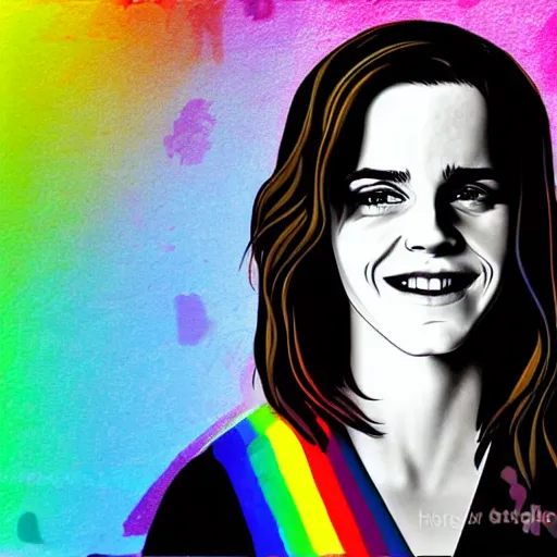 Image similar to rainbow smiling happy emma watson age 1 5 as hermione. pop art.