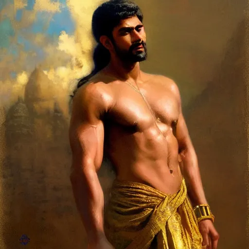 Prompt: detailed realistic cinematic wide shot of beautiful attractive muscular indian man with gold chain wearing blue bath robe slim face symettrical face clean skin black eyes black robe smooth, sharp focus, ultra realistic, spring light, painting by gaston bussiere, craig mullins, j. c. leyendecker