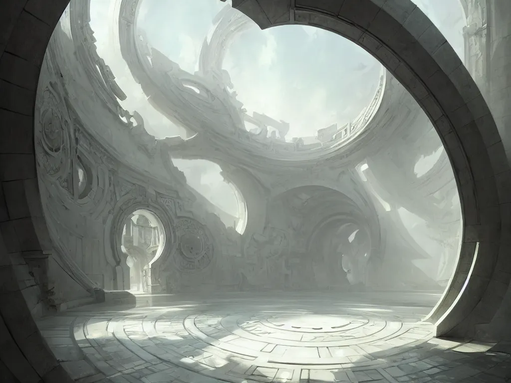 Image similar to circular gate in a white wall, leading to heaven. modern architecture. fantasy. detailed. smooth. sharp focus. trending on artstation. artist greg rutkowski.