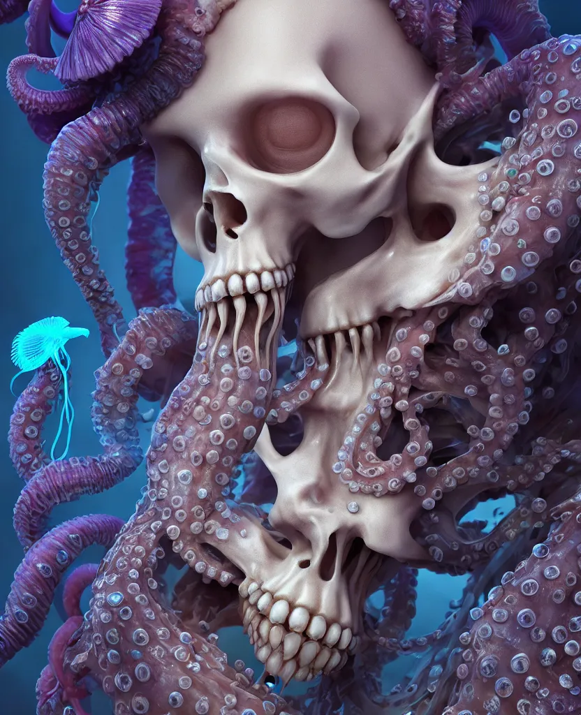 Image similar to goddess close - up portrait human skeleton, ram skull, octopus, jellyfish, orchid, betta fish, bioluminiscent, intricate artwork by tooth wu and wlop and beeple. octane render, trending on artstation, greg rutkowski very coherent symmetrical artwork. cinematic, hyper realism, high detail, octane render, 8 k